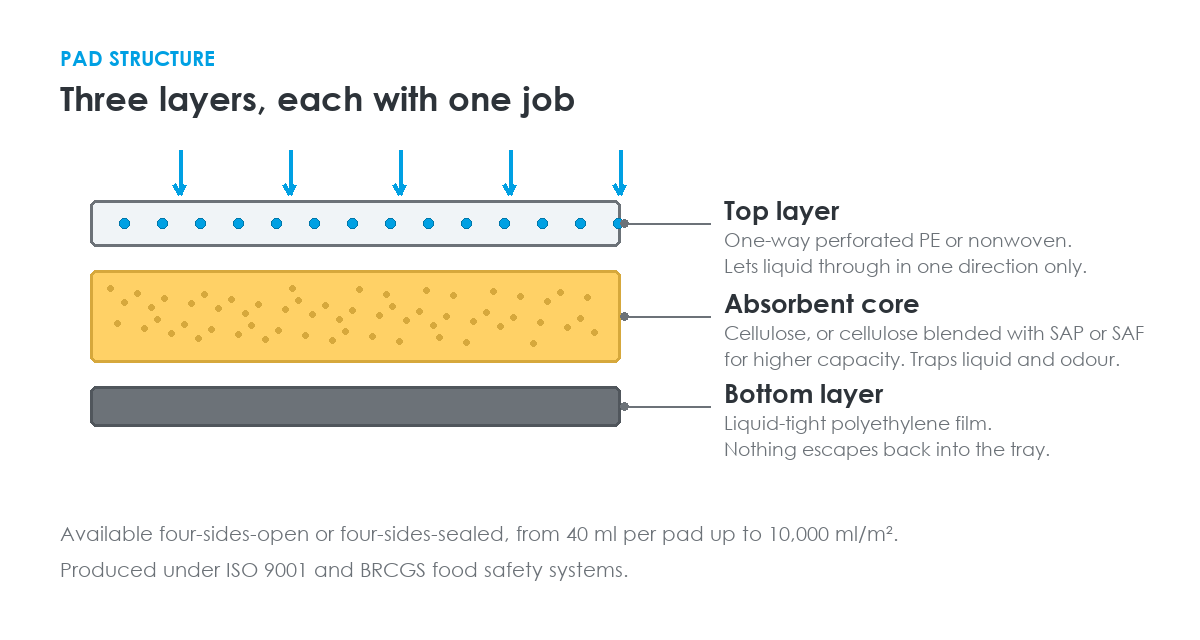 Cross-section of an Axorbia absorbent pad: one-way top layer, absorbent core, liquid-tight bottom film